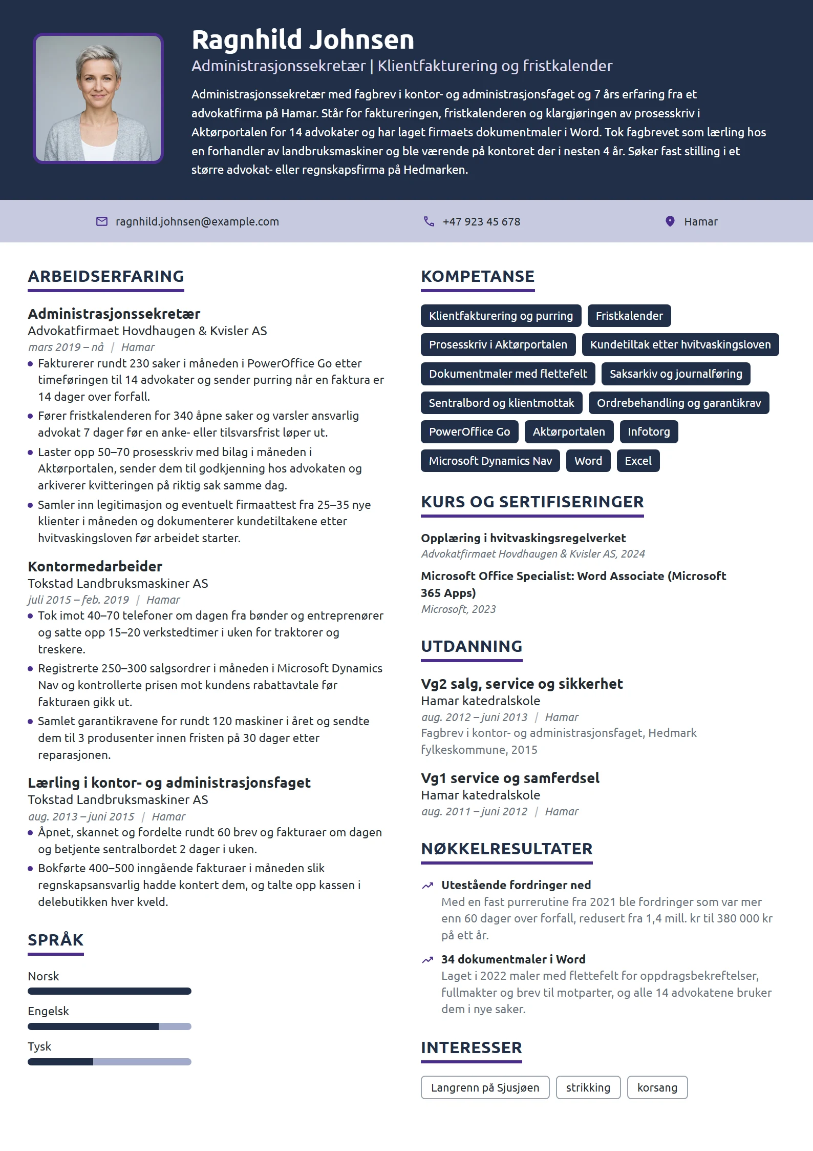 CV-eksempel for administrasjonssekretær i advokatfirma