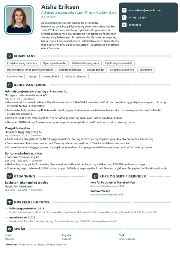 CV-eksempel for arkivansvarlig administrasjonssekretær