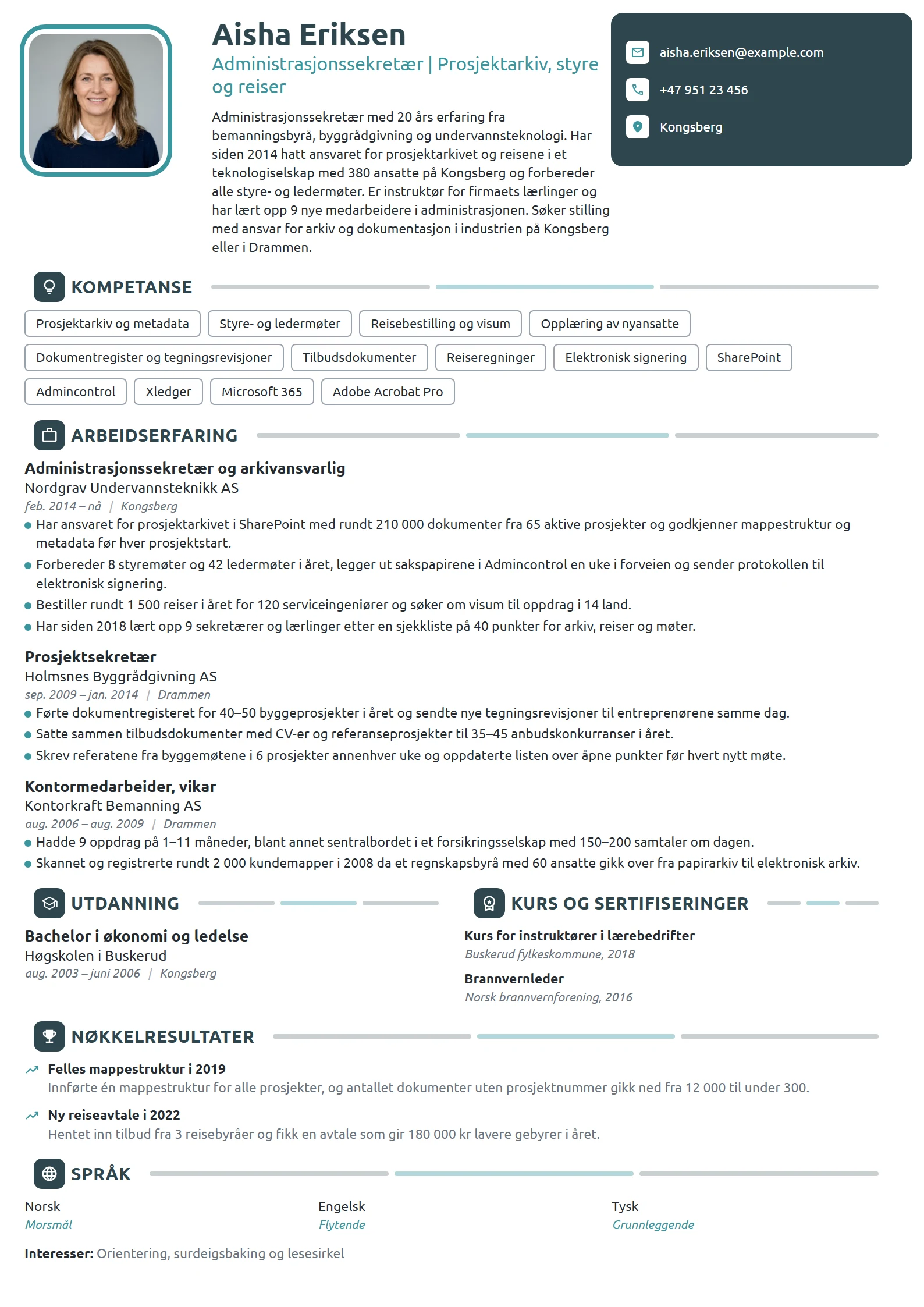 CV-eksempel for arkivansvarlig administrasjonssekretær