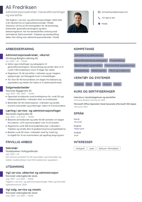 CV-eksempel for administrasjonssekretær i vikariat