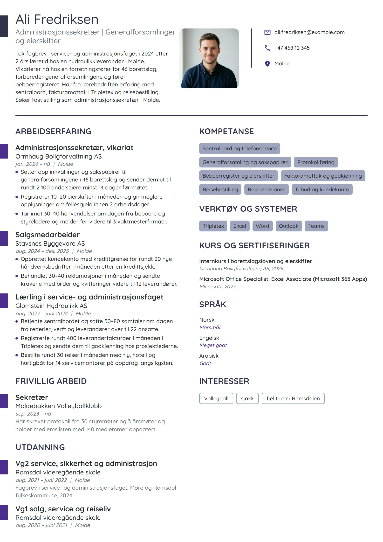 CV-eksempel for administrasjonssekretær i vikariat