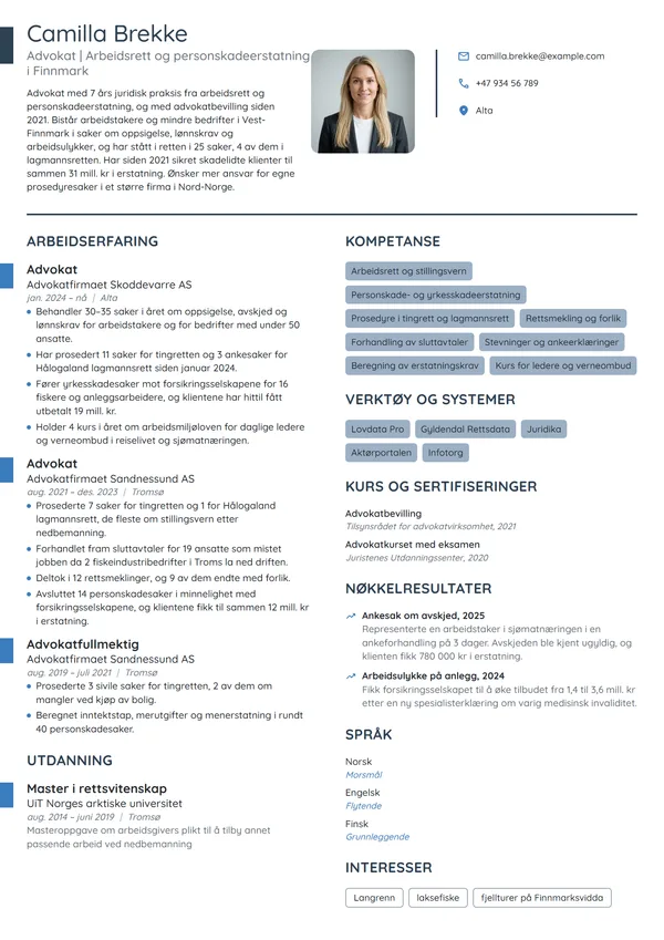 CV-eksempel for advokat i arbeidsrett og personskade