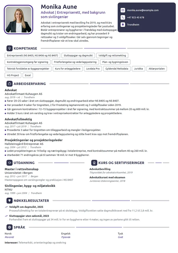 CV-eksempel for advokat i entrepriserett, fra ingeniør