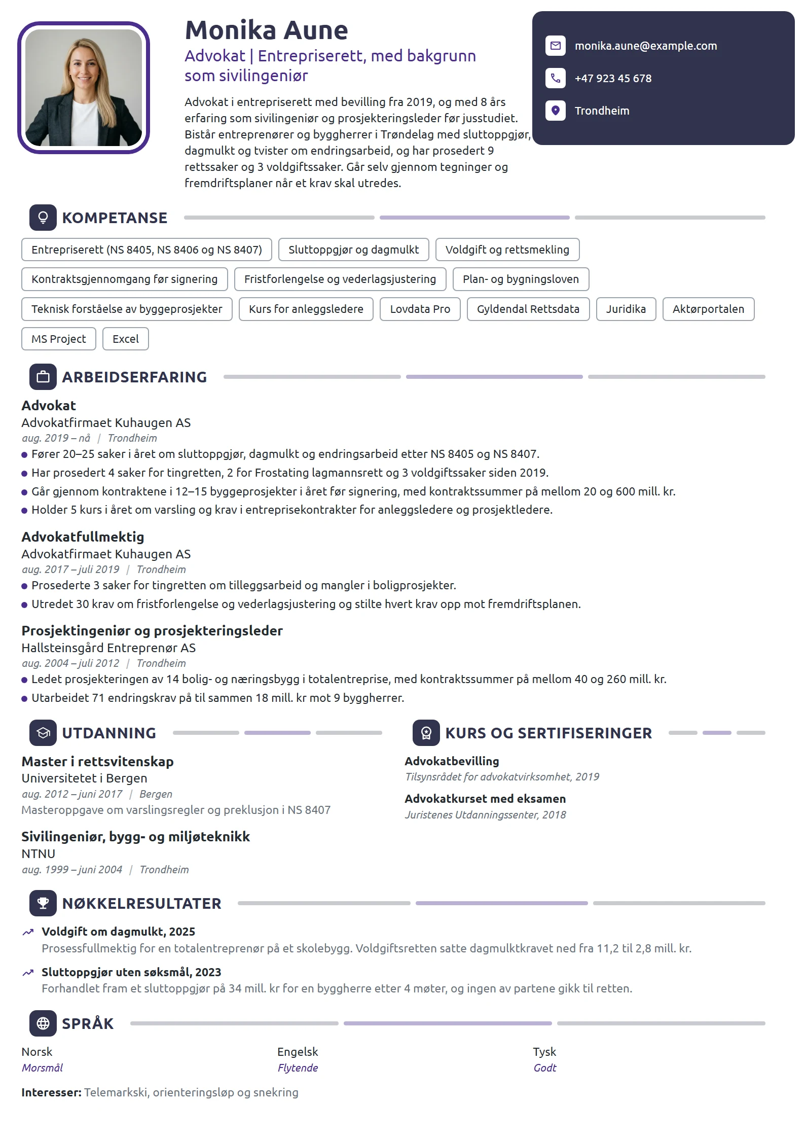 CV-eksempel for advokat i entrepriserett, fra ingeniør