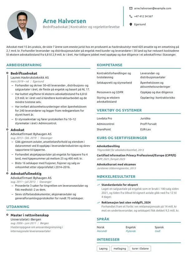 CV-eksempel for bedriftsadvokat i industrien
