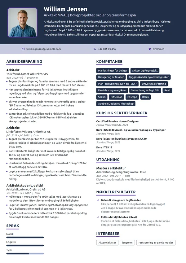 CV-eksempel for arkitekt, bolig og skole