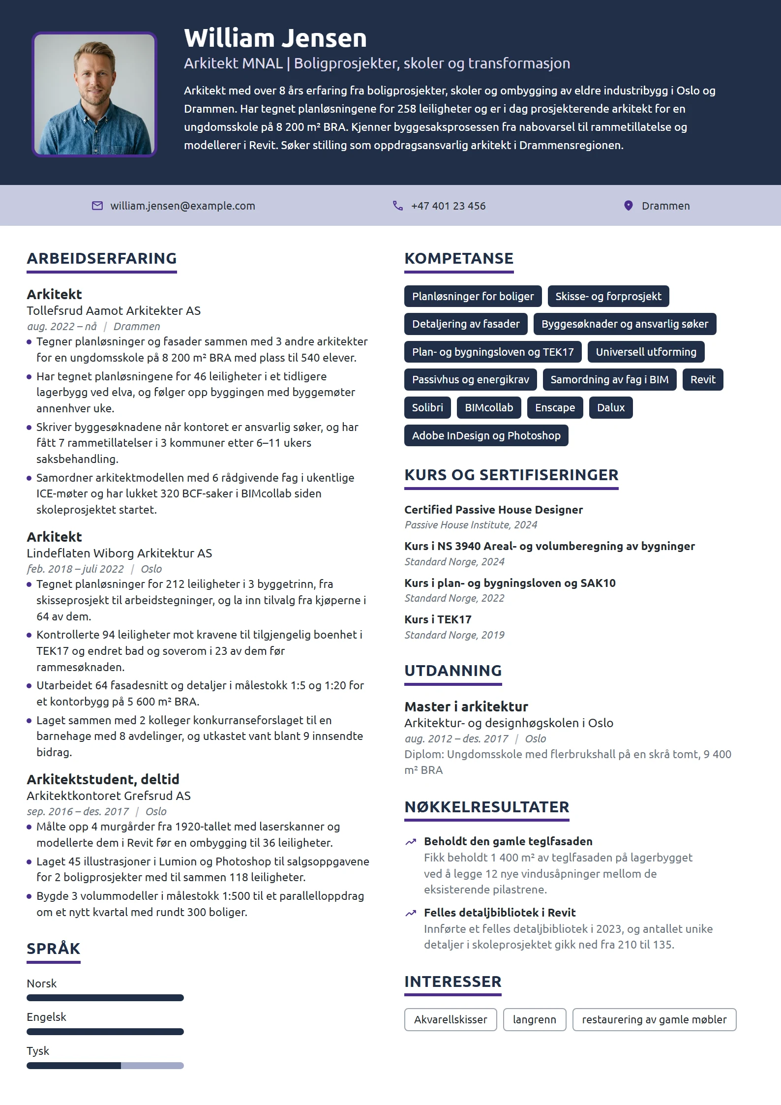 CV-eksempel for arkitekt, bolig og skole