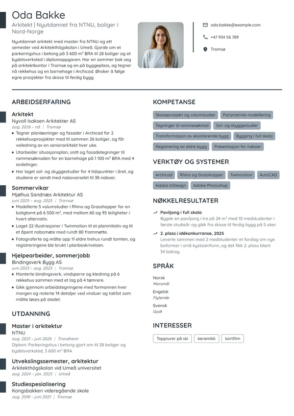 CV-eksempel for nyutdannet arkitekt