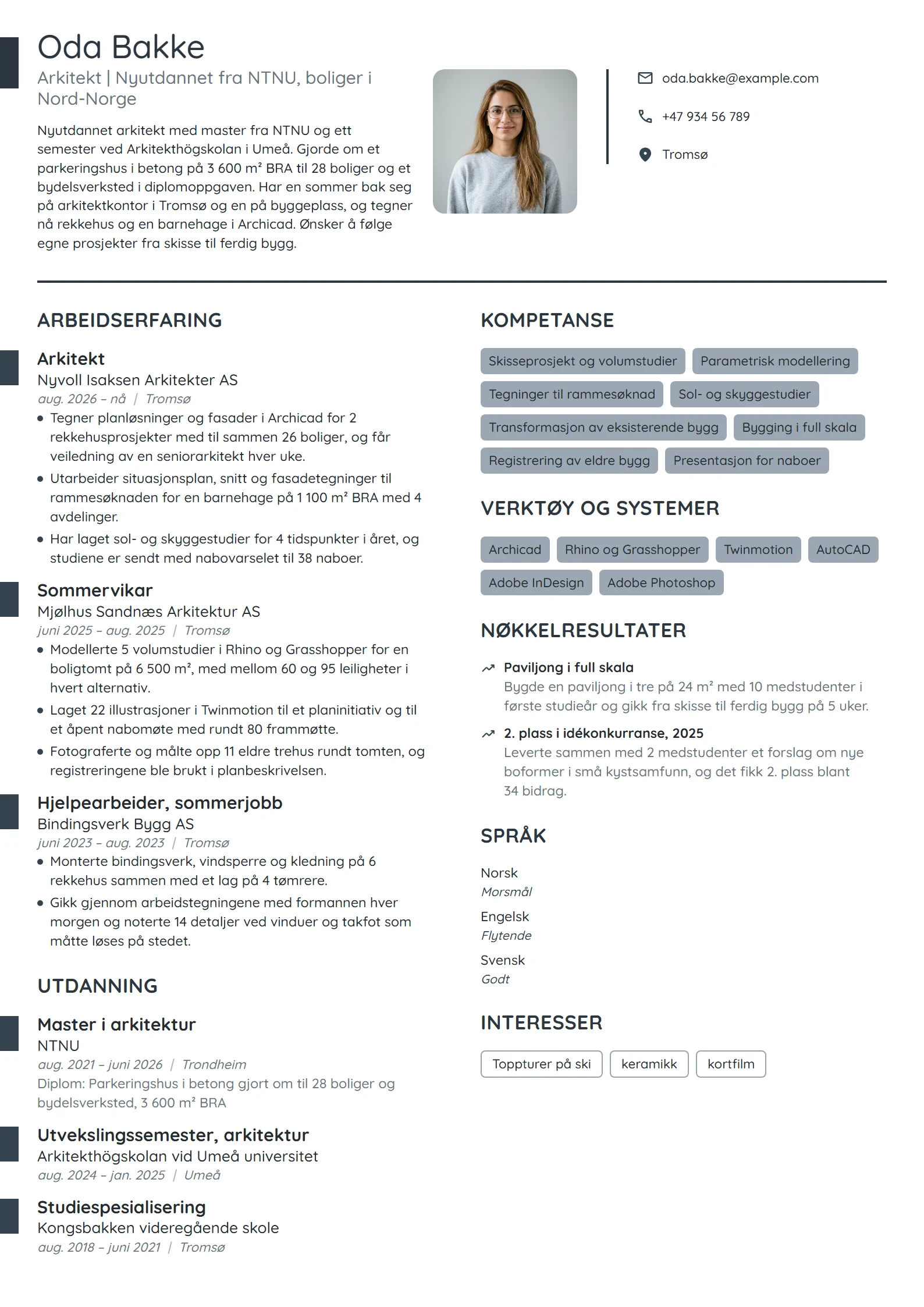 CV-eksempel for nyutdannet arkitekt