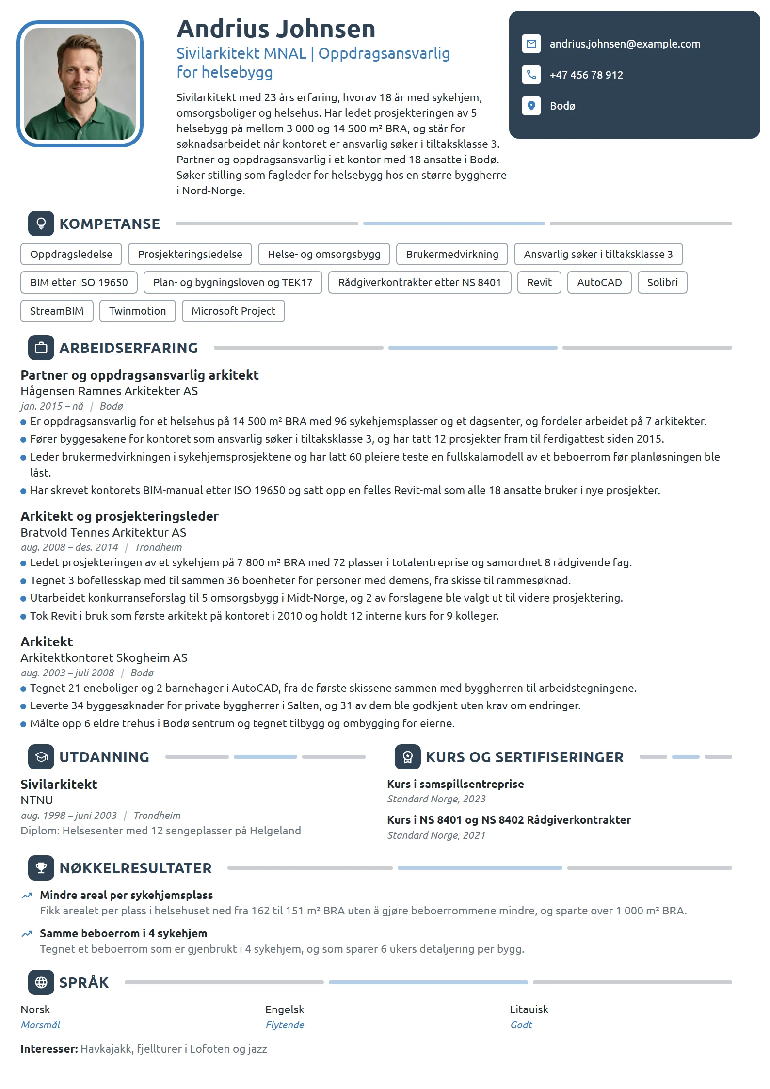CV-eksempel for sivilarkitekt, helse- og omsorgsbygg