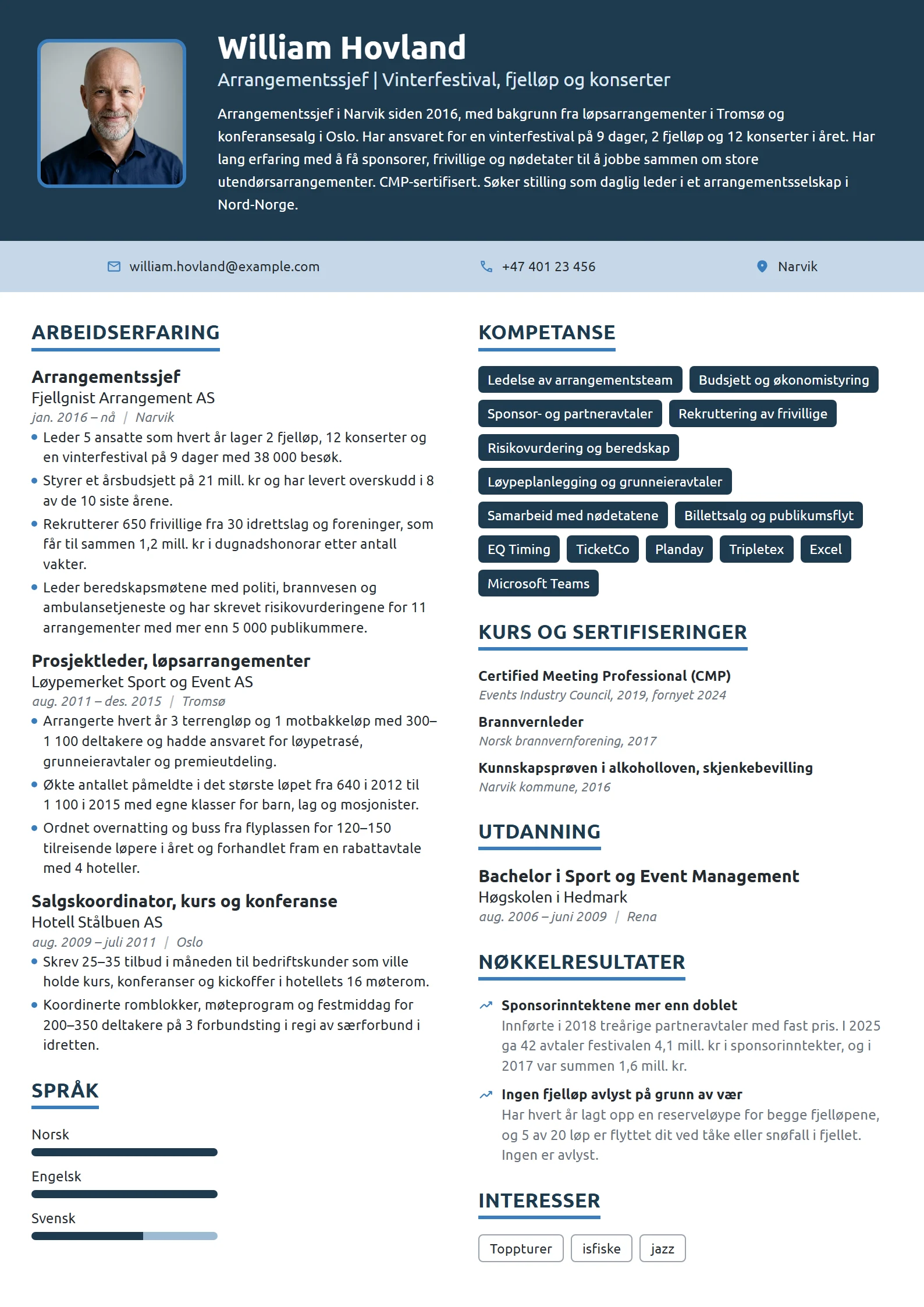CV-eksempel for arrangementssjef, idrett og festival