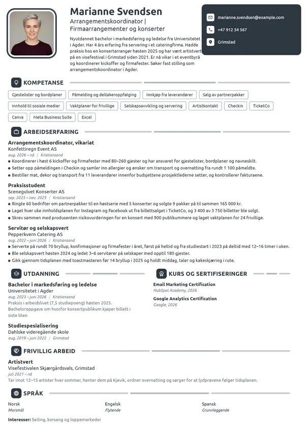 CV-eksempel for nyutdannet arrangementskoordinator