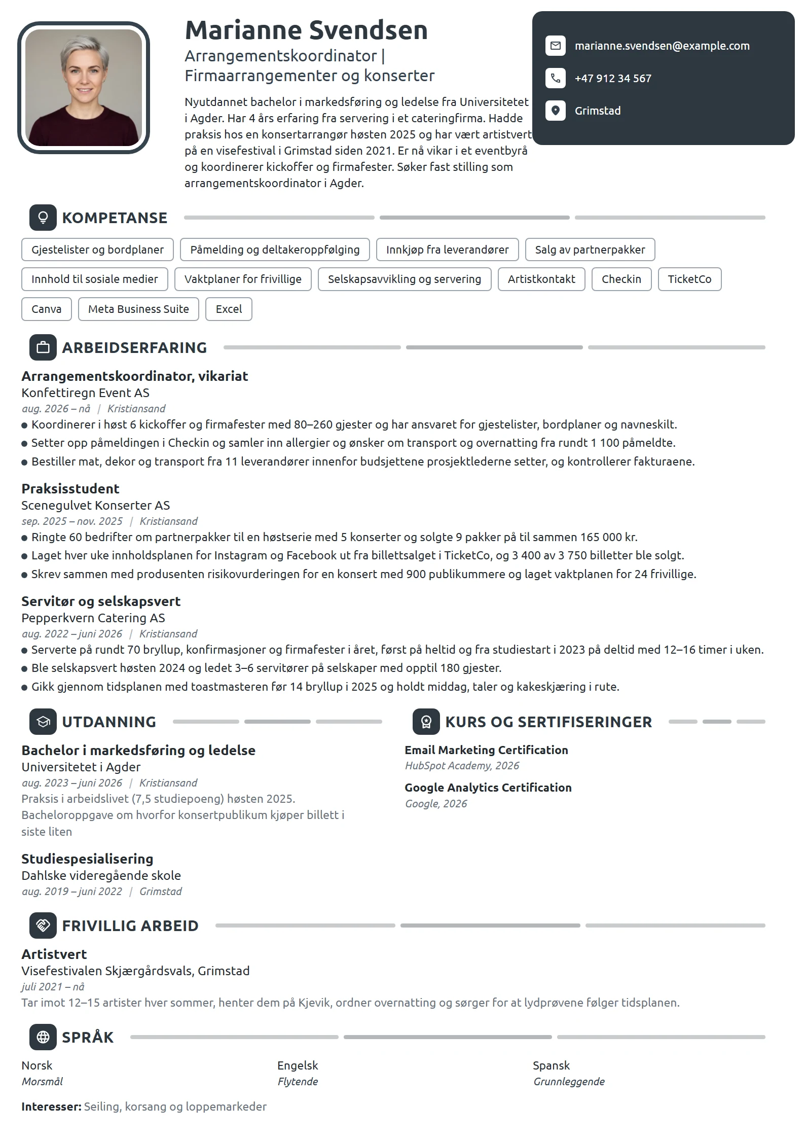 CV-eksempel for nyutdannet arrangementskoordinator