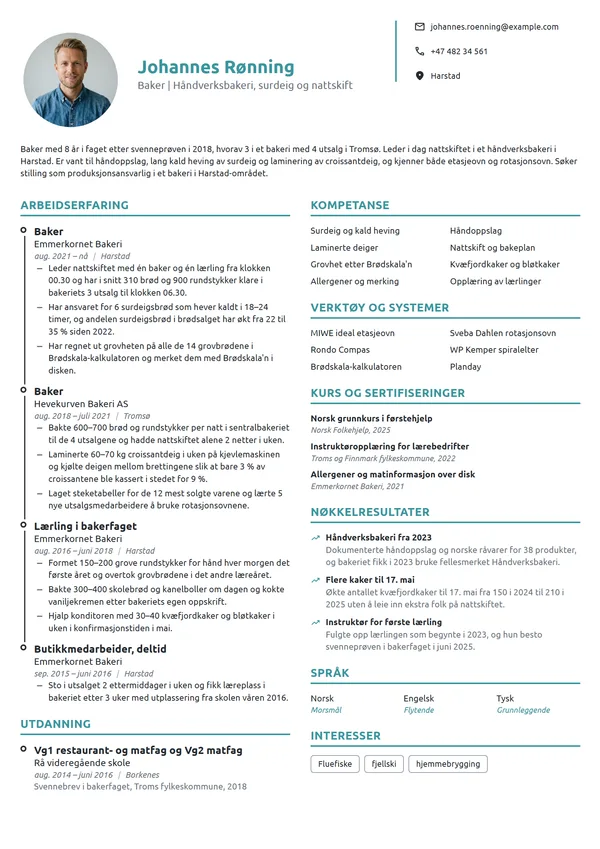 CV-eksempel for baker i håndverksbakeri
