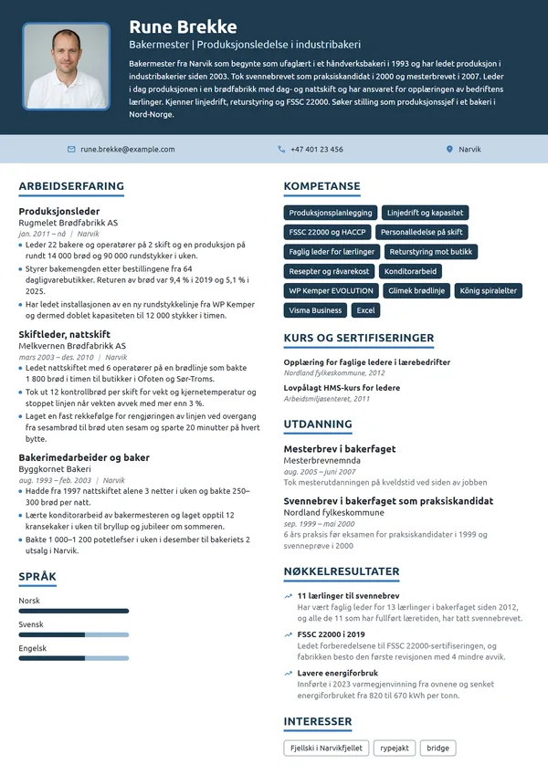 CV-eksempel for bakermester og produksjonsleder