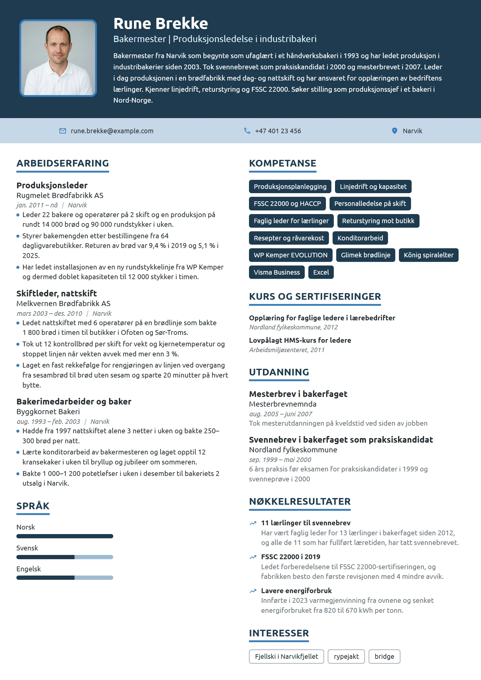 CV-eksempel for bakermester og produksjonsleder