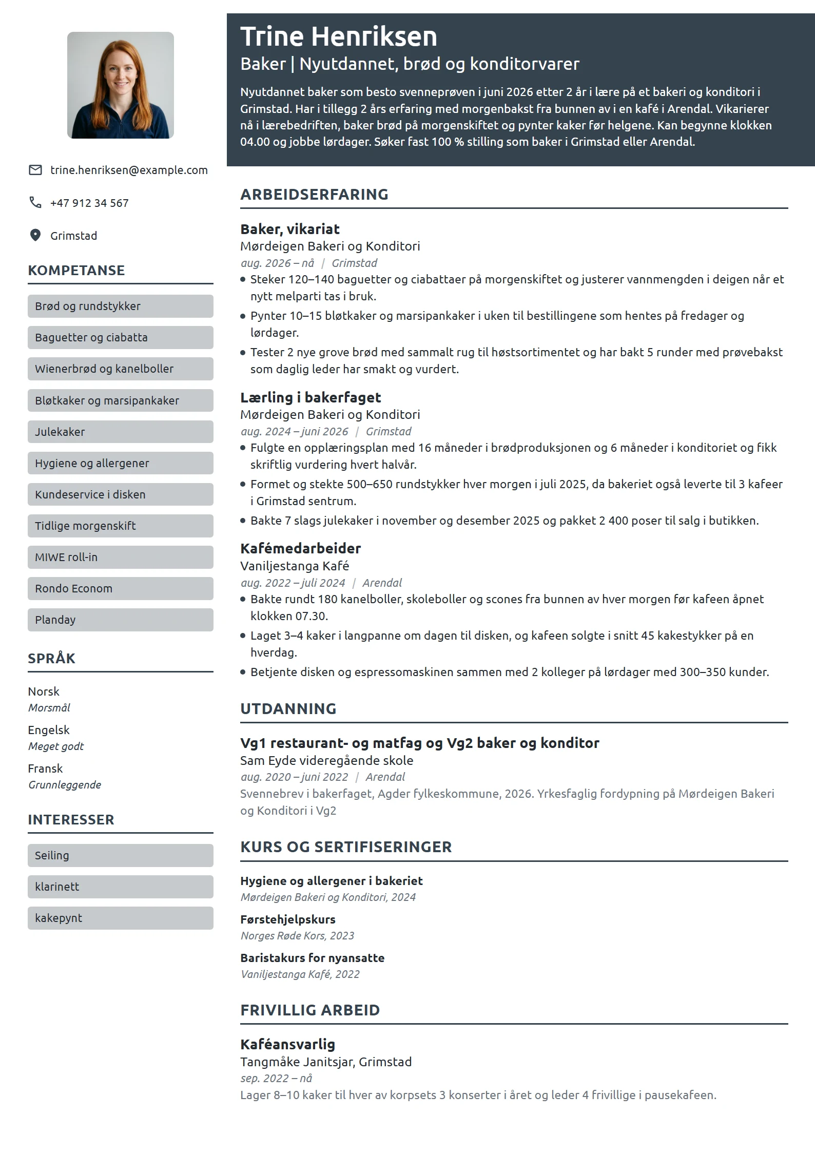 CV-eksempel for nyutdannet baker med svennebrev