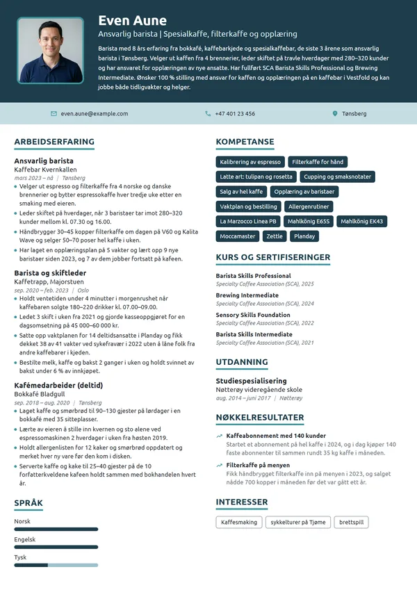 CV-eksempel for ansvarlig barista i spesialkaffebar