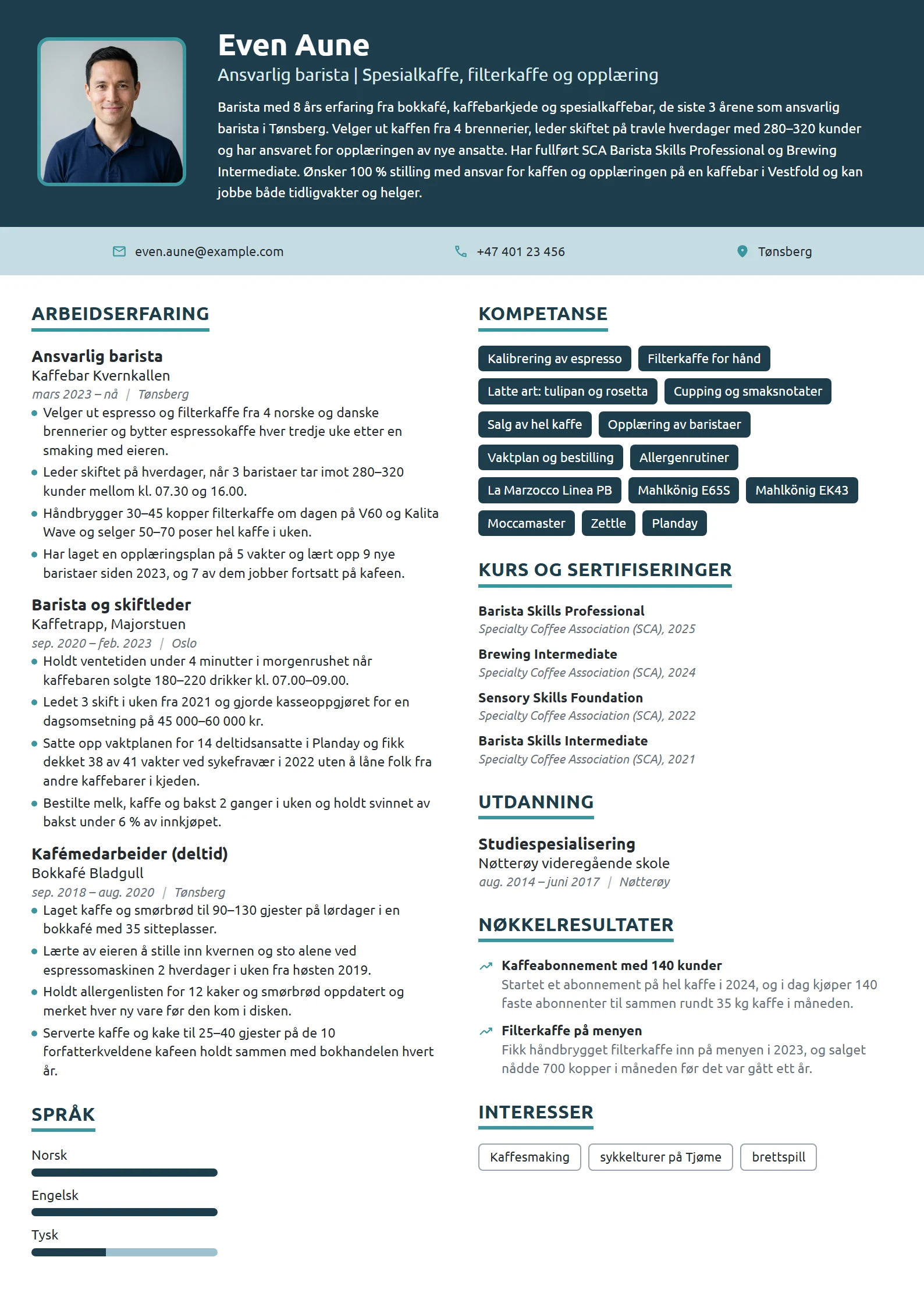 CV-eksempel for ansvarlig barista i spesialkaffebar
