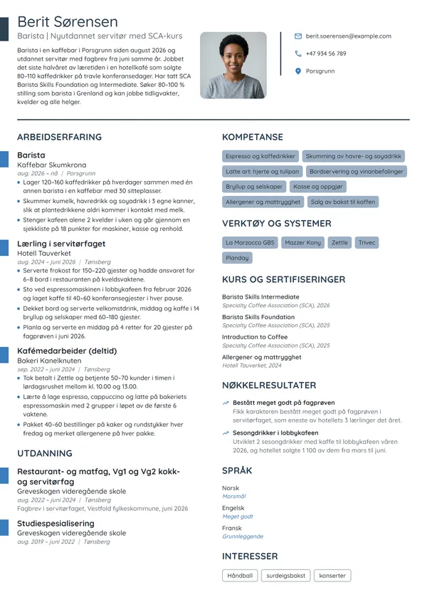 CV-eksempel for barista med fagbrev i servitørfaget