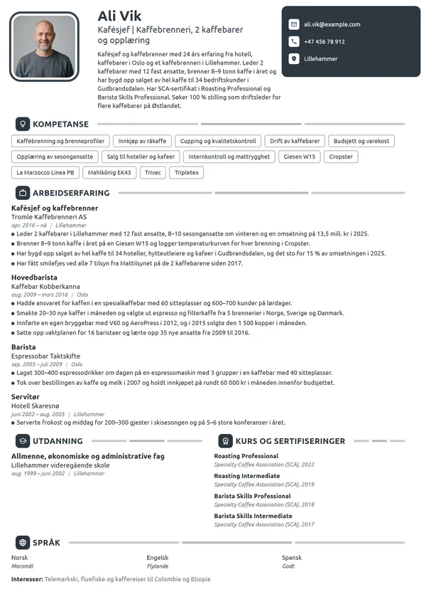 CV-eksempel for kafésjef og kaffebrenner