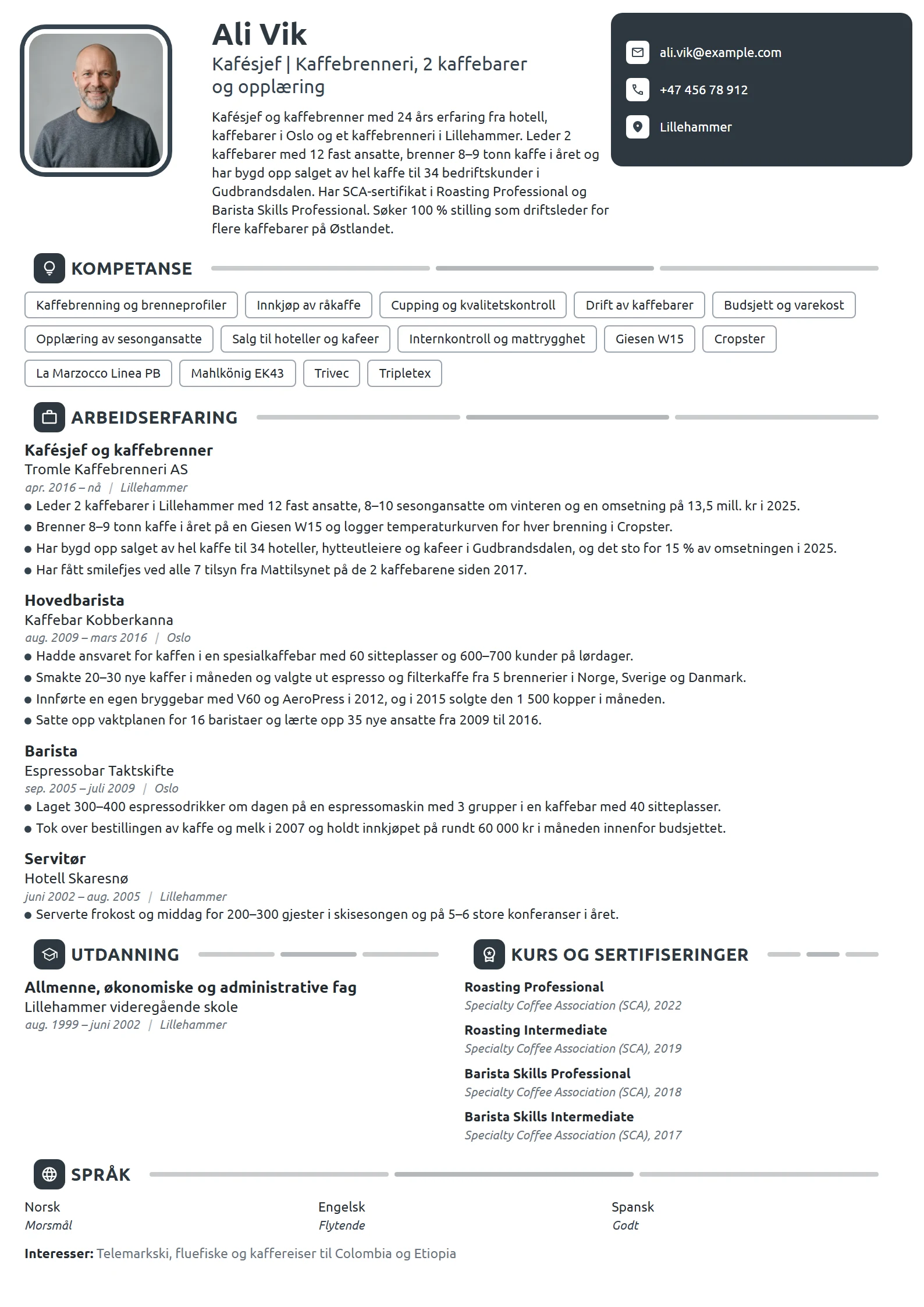 CV-eksempel for kafésjef og kaffebrenner