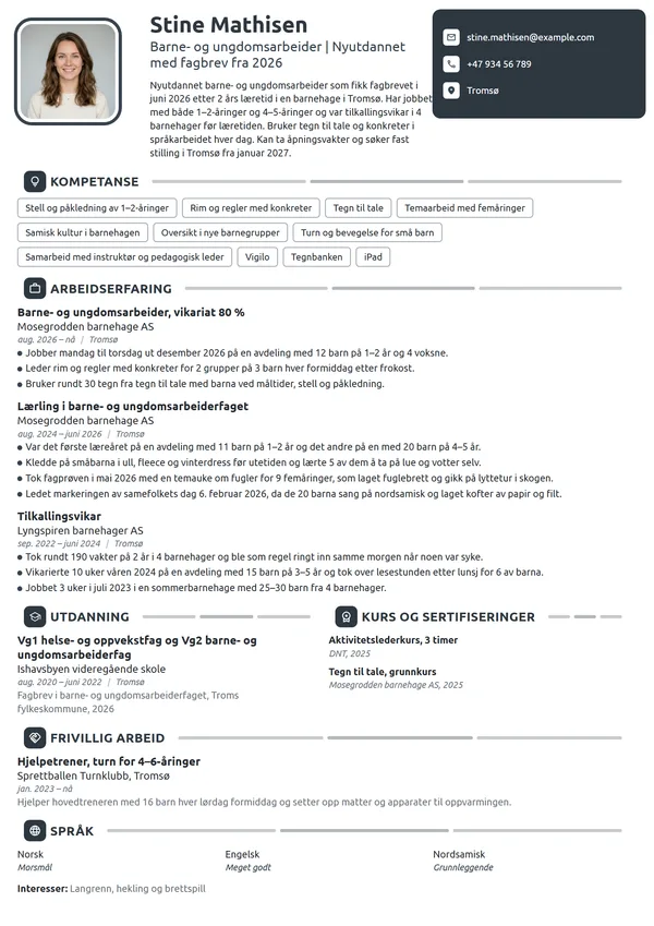 CV-eksempel for nyutdannet barne- og ungdomsarbeider