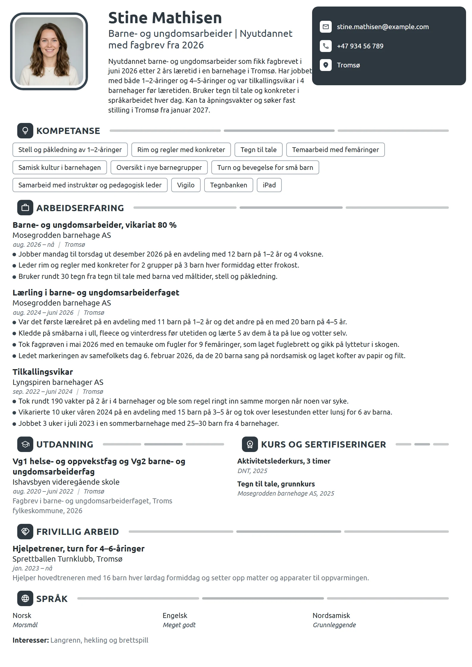 CV-eksempel for nyutdannet barne- og ungdomsarbeider