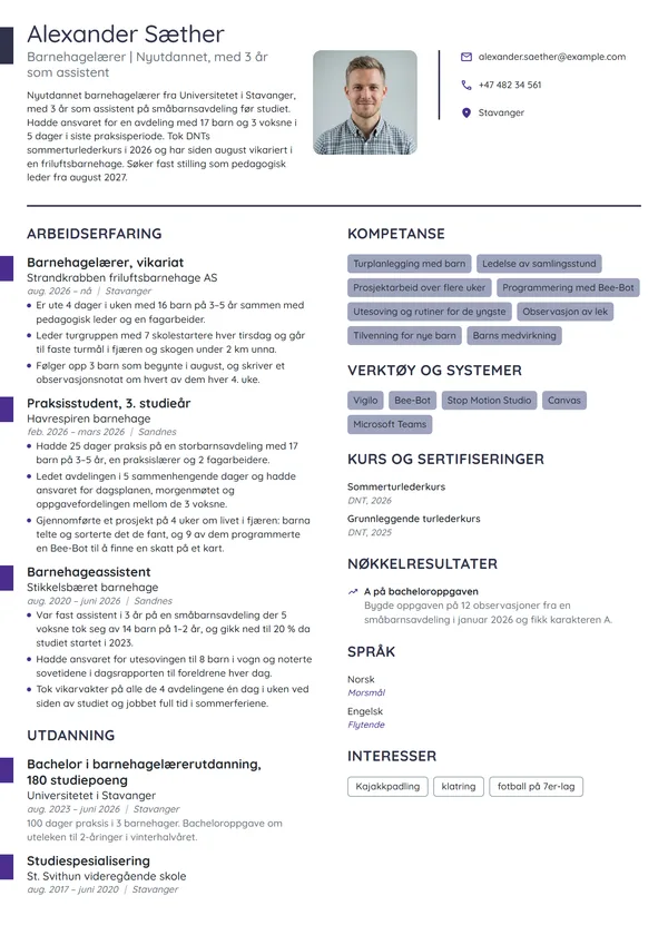 CV-eksempel for nyutdannet barnehagelærer, friluftsliv