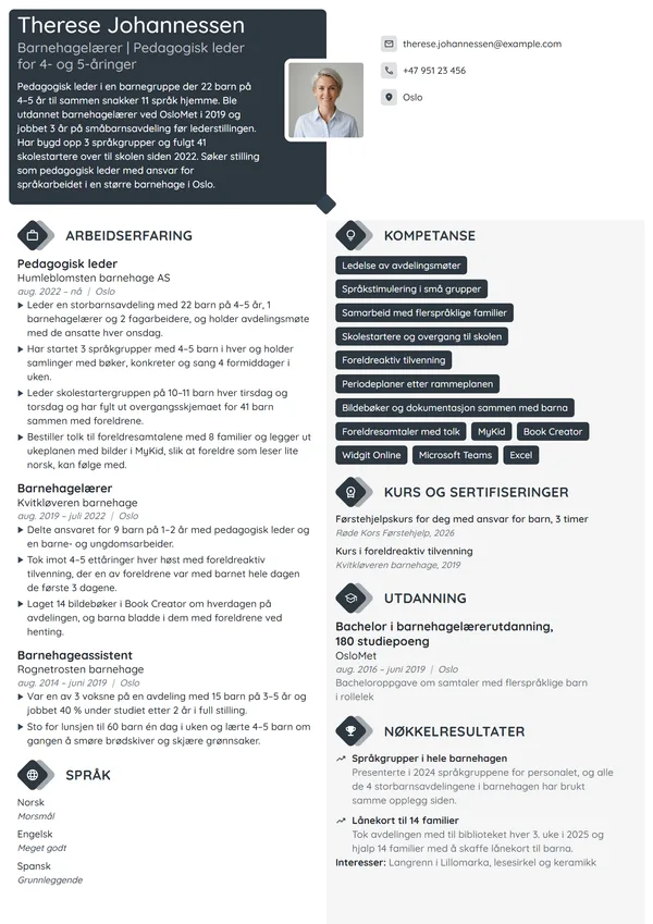 CV-eksempel for pedagogisk leder, storbarnsavdeling