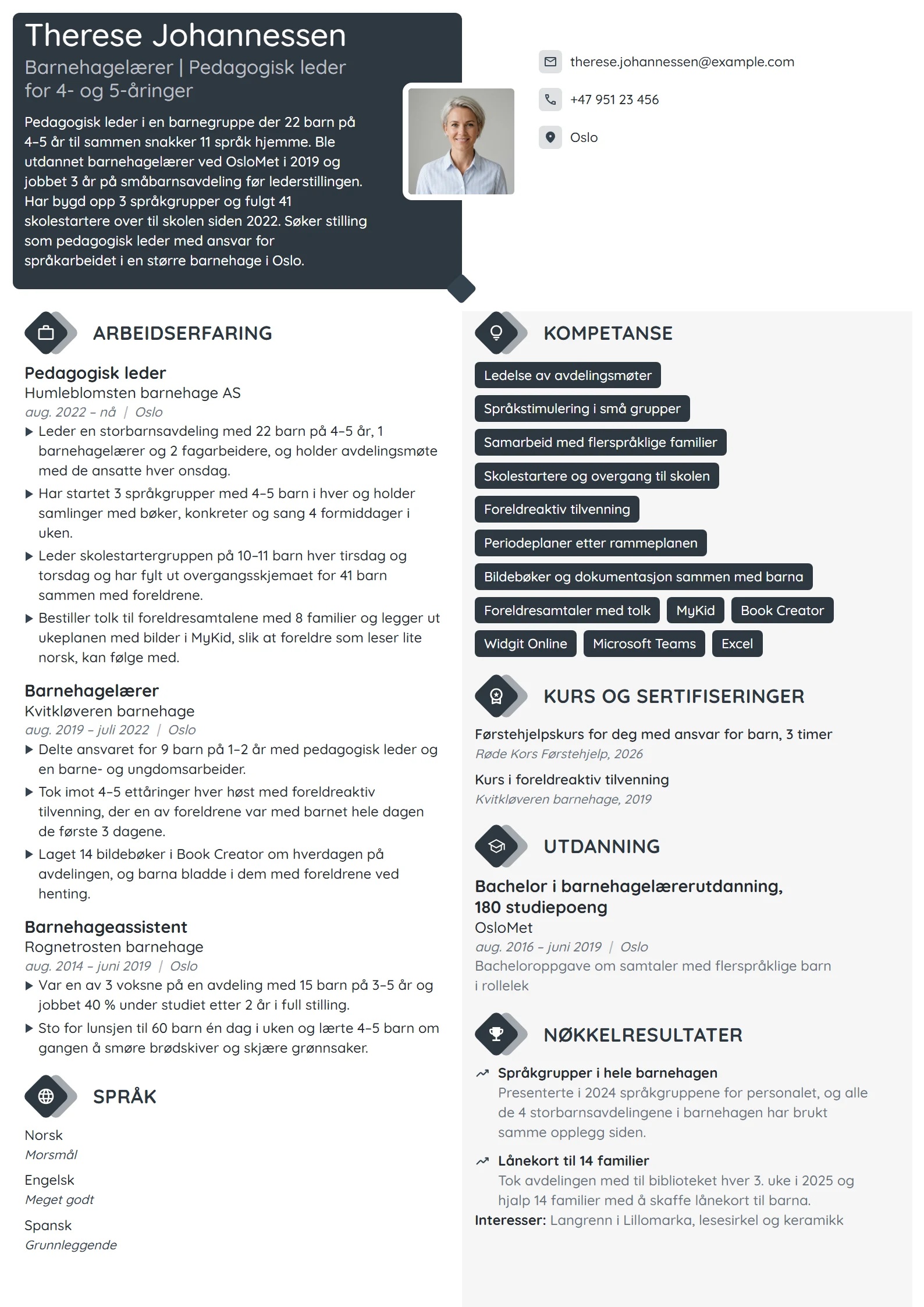 CV-eksempel for pedagogisk leder, storbarnsavdeling