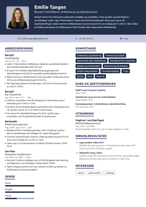 CV-eksempel for barsjef på hotell
