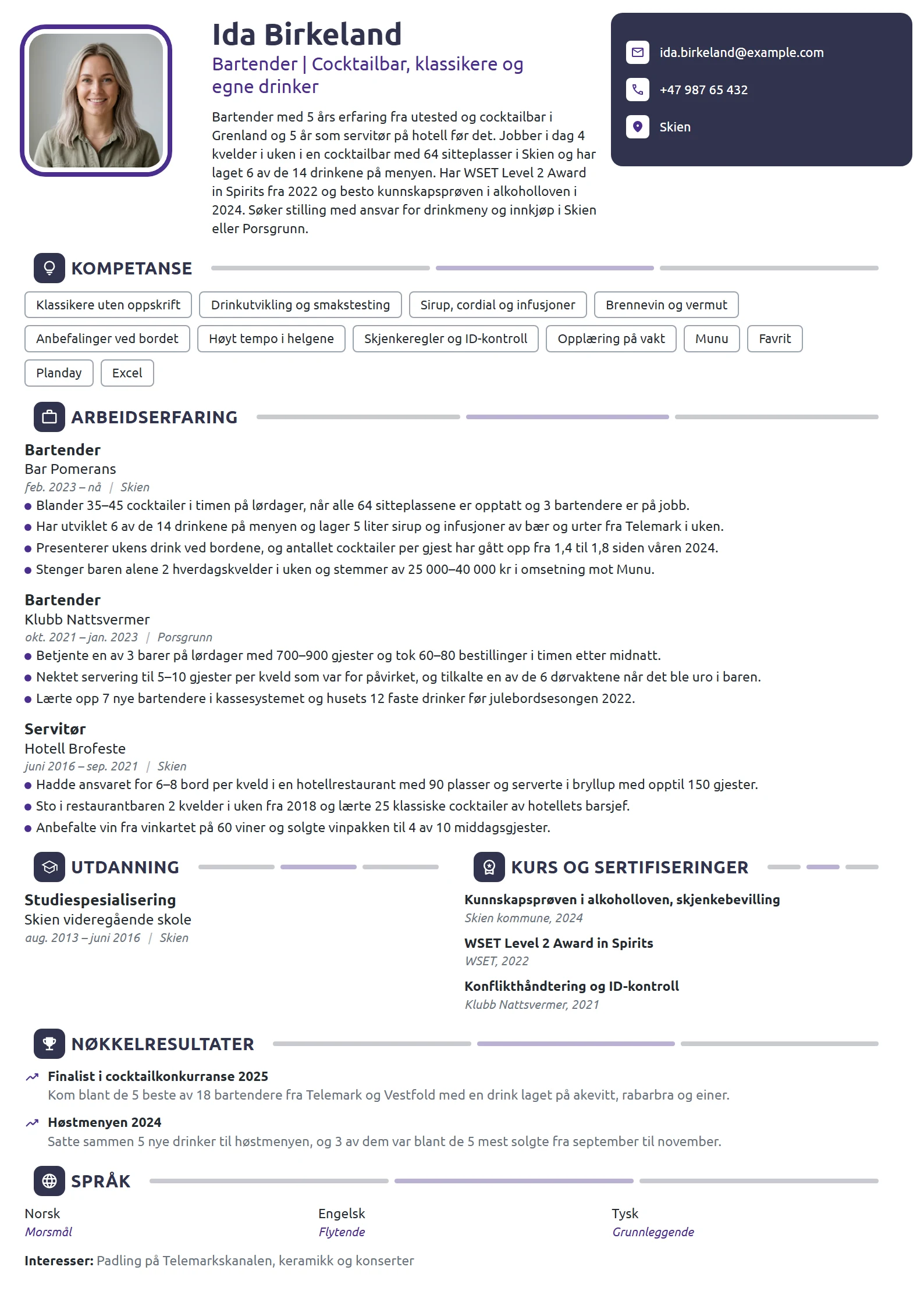 CV-eksempel for bartender i cocktailbar