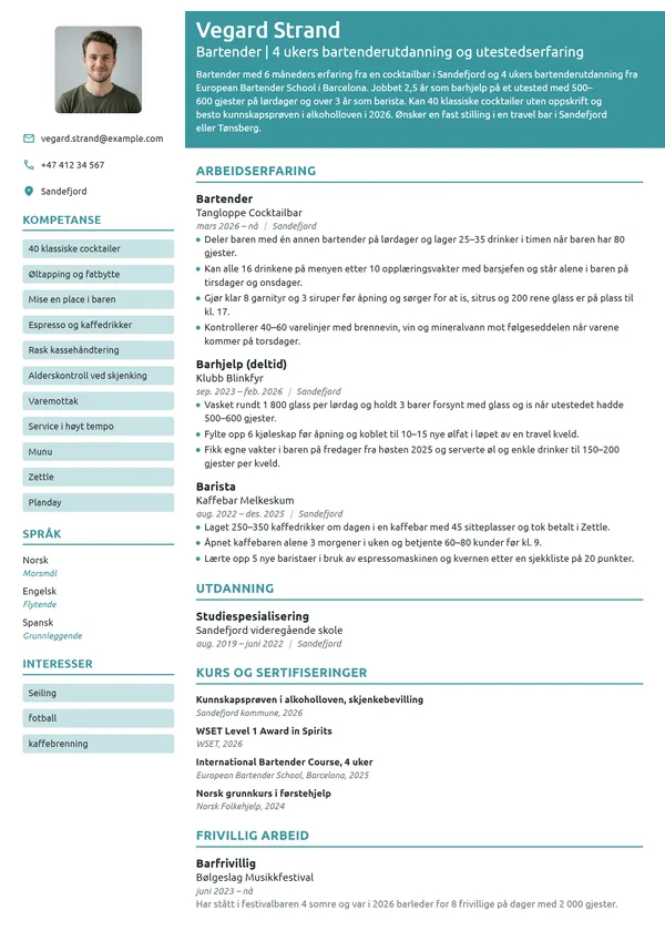 CV-eksempel for ny bartender med bartenderkurs
