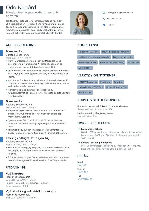 CV-eksempel for bilmekaniker på merkeverksted