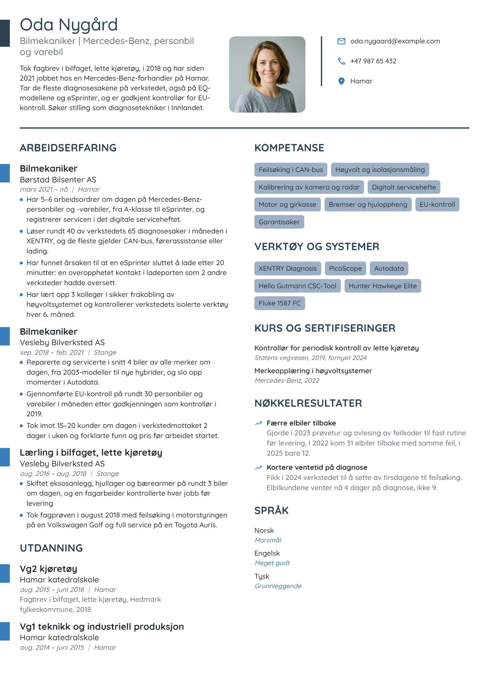 CV-eksempel for bilmekaniker på merkeverksted