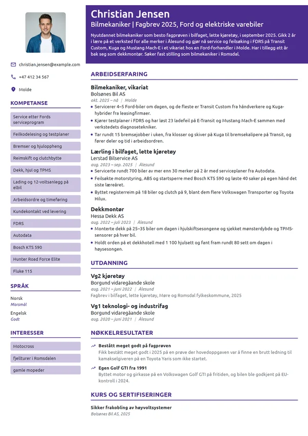 CV-eksempel for nyutdannet bilmekaniker