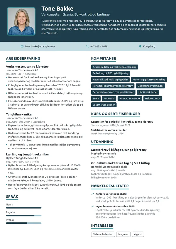 CV-eksempel for tungbilmekaniker og verksmester