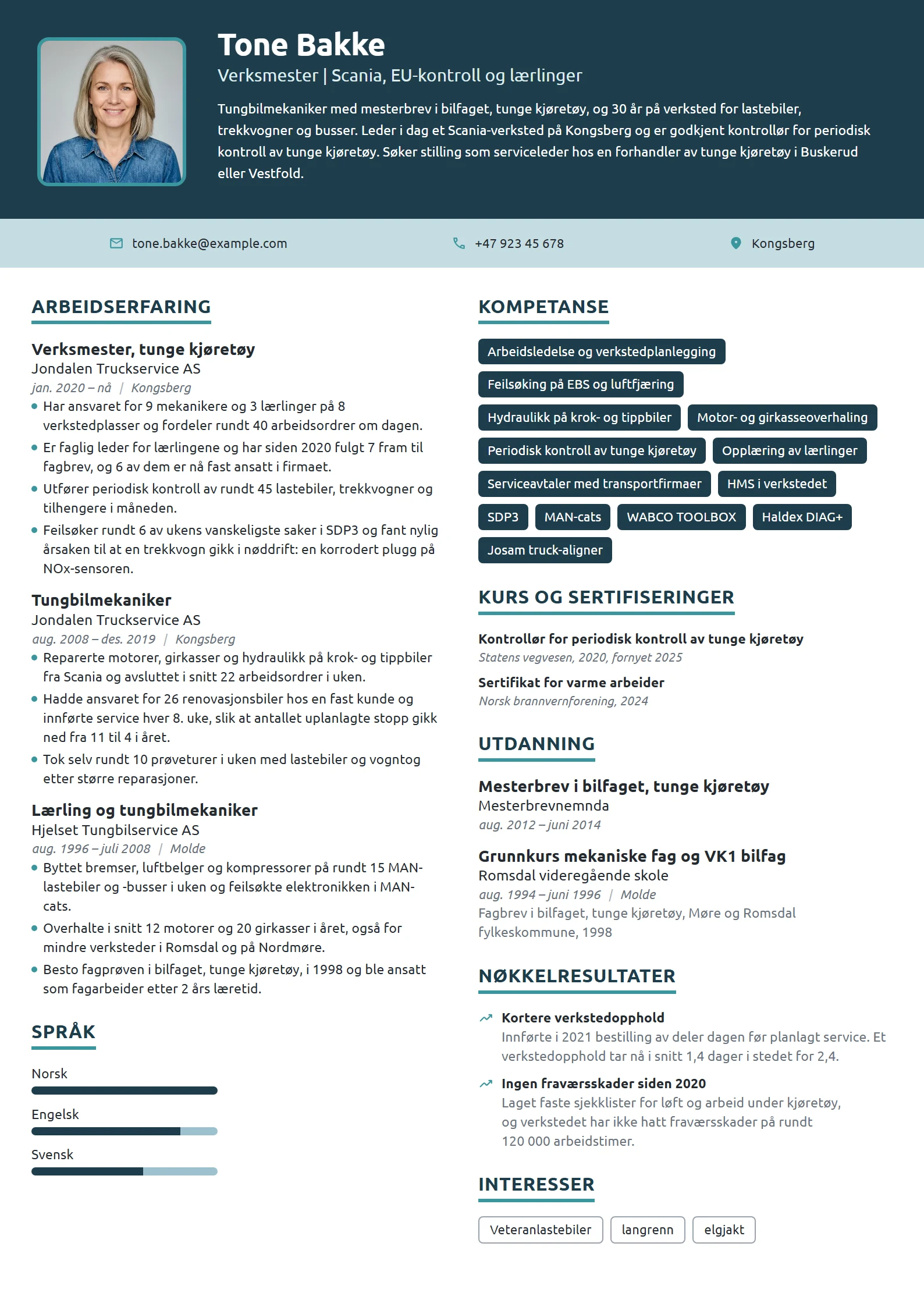 CV-eksempel for tungbilmekaniker og verksmester