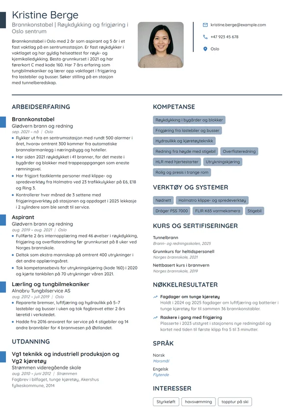 CV-eksempel for brannkonstabel på heltid