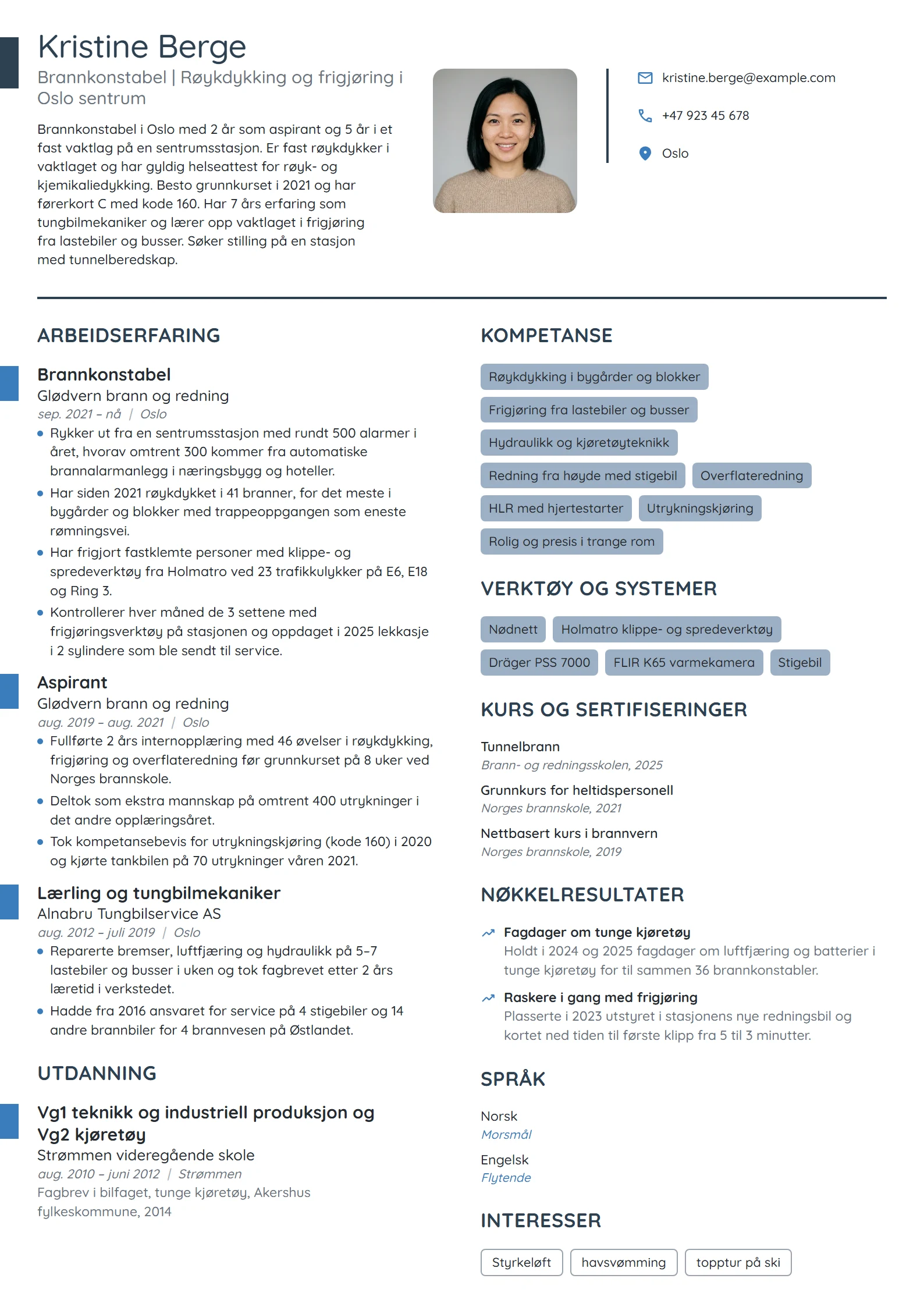 CV-eksempel for brannkonstabel på heltid