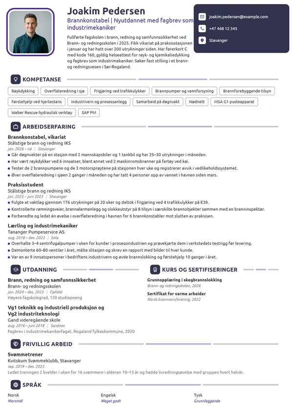 CV-eksempel for nyutdannet brannkonstabel