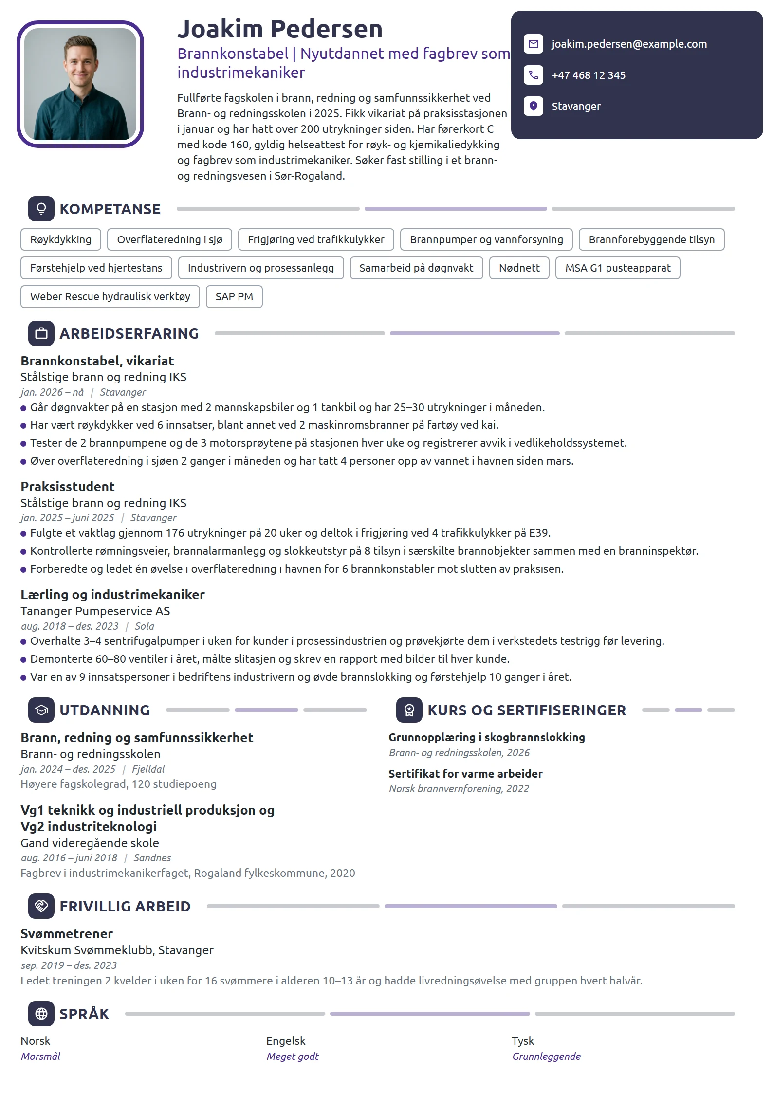 CV-eksempel for nyutdannet brannkonstabel