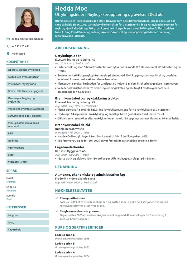 CV-eksempel for utrykningsleder på heltid