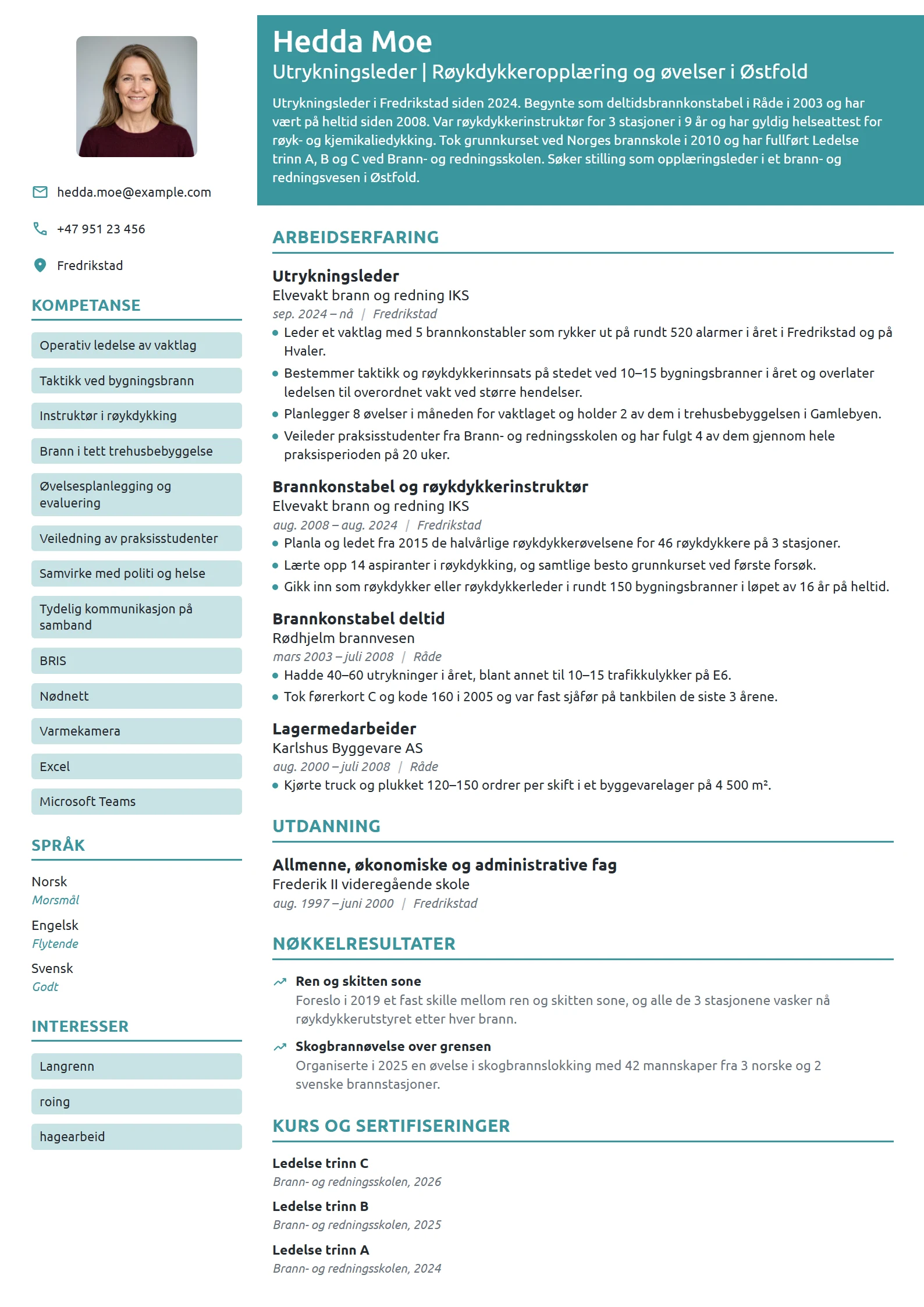 CV-eksempel for utrykningsleder på heltid