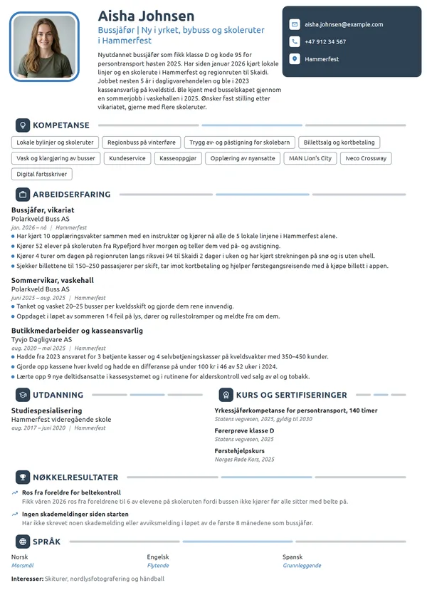 CV-eksempel for nyutdannet bussjåfør