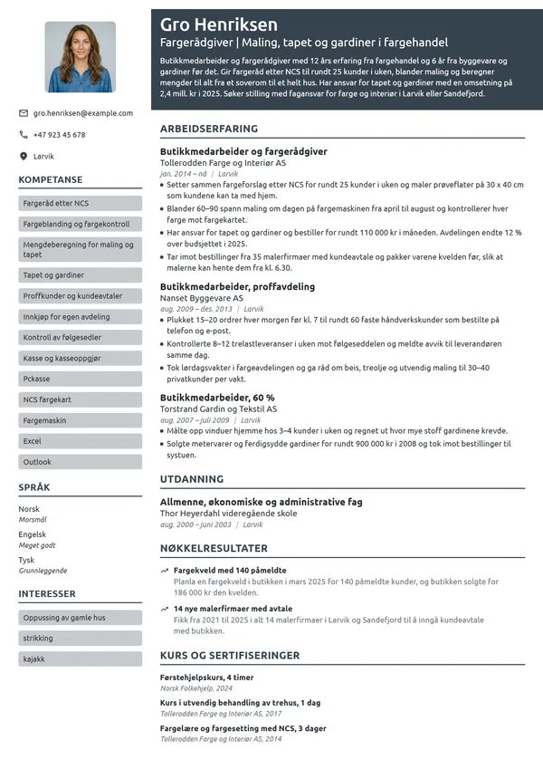 CV-eksempel for butikkmedarbeider i fargehandel