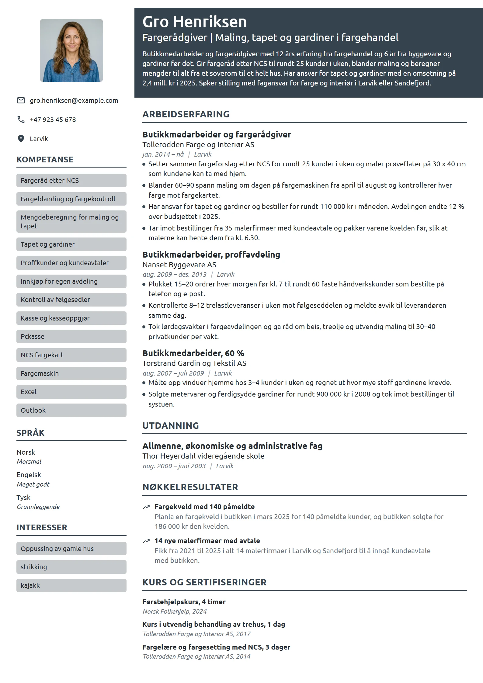 CV-eksempel for butikkmedarbeider i fargehandel
