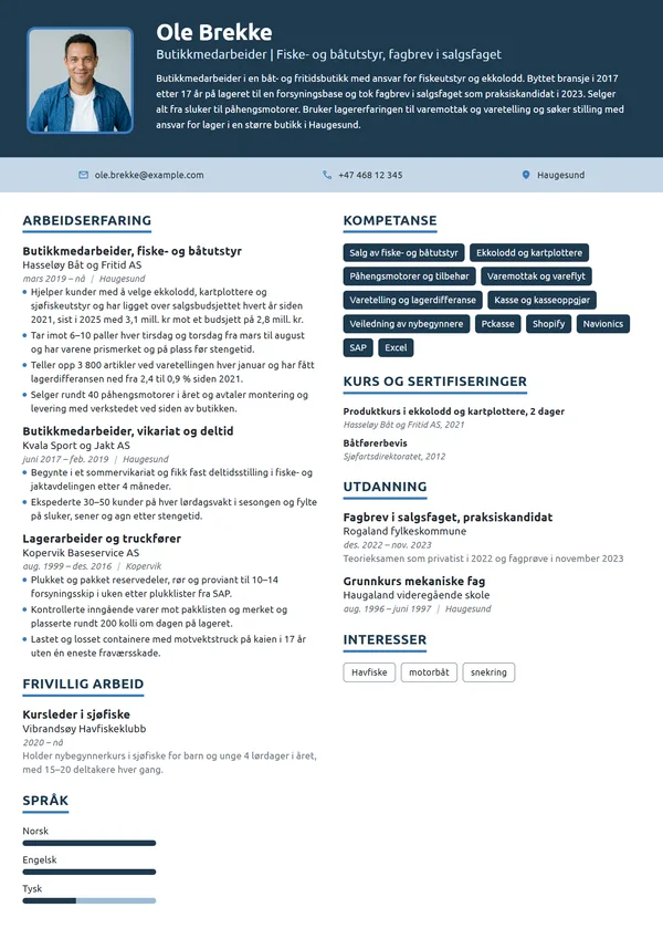 CV-eksempel for butikkmedarbeider med lagerbakgrunn