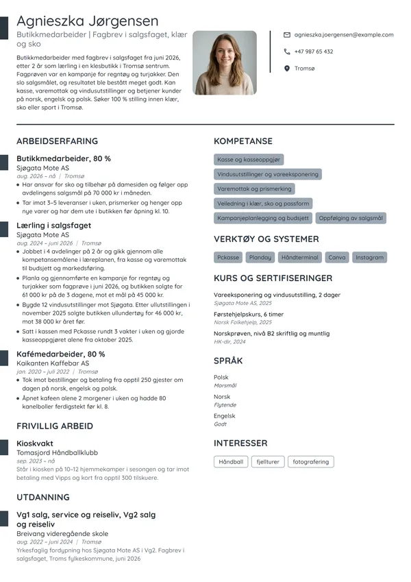 CV-eksempel for butikkmedarbeider med nytt fagbrev